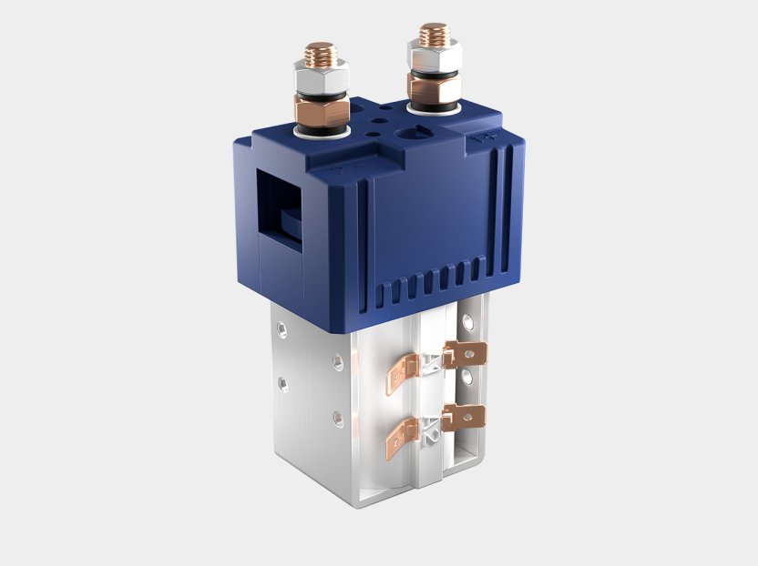 Schaltbau bidirectional DC contactor with blue housing, top mounting handle,